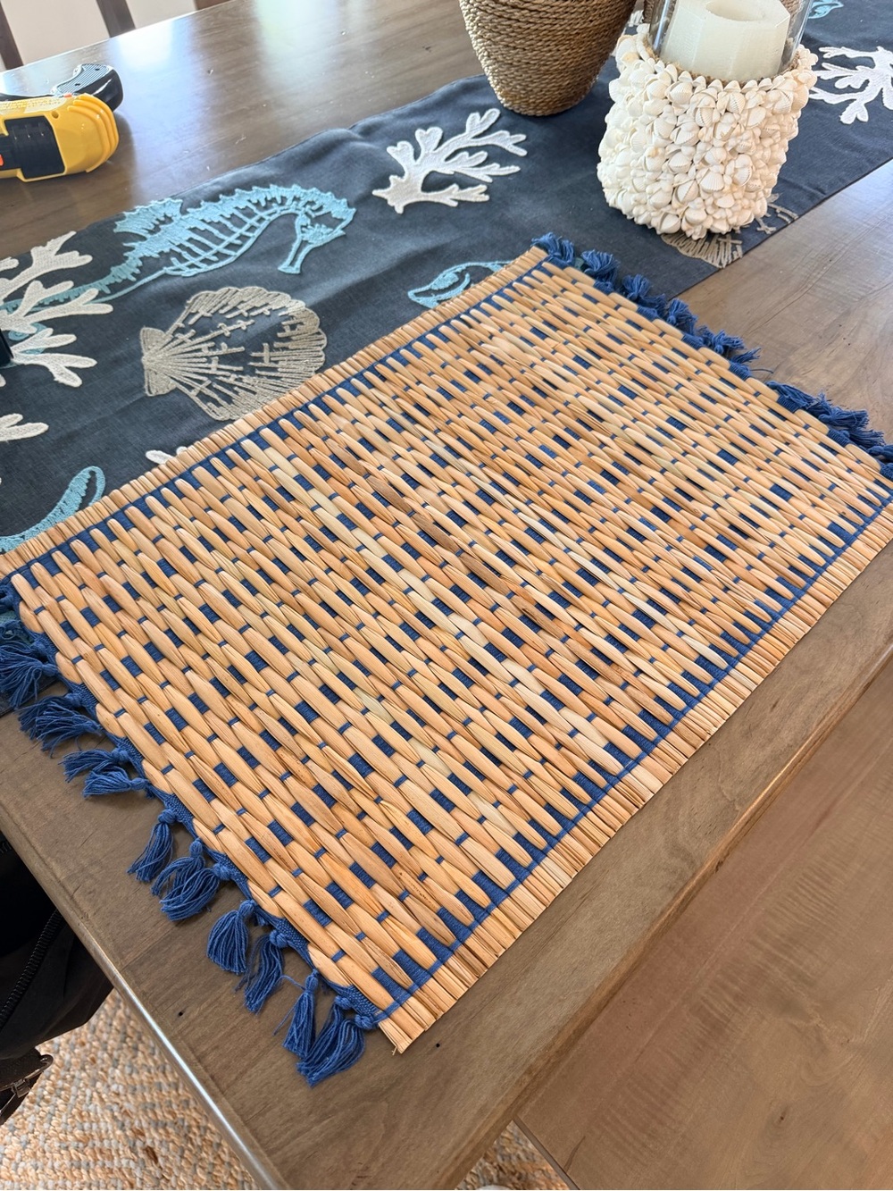 Serena & Lily Cabo Tan Rattan Placemat with Blue Fringe set of 8